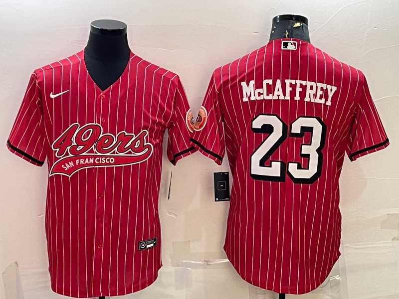 Mens San Francisco 49ers #23 Christian McCaffrey Red Pinstripe Color Rush With Patch Cool Base Stitched Baseball Jersey